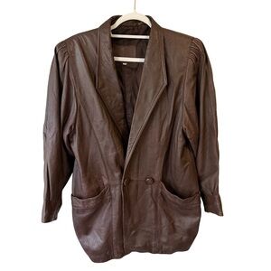 Vintage 80s Daviga Brown Leather Blazer Jacket Size M Oversized Longline